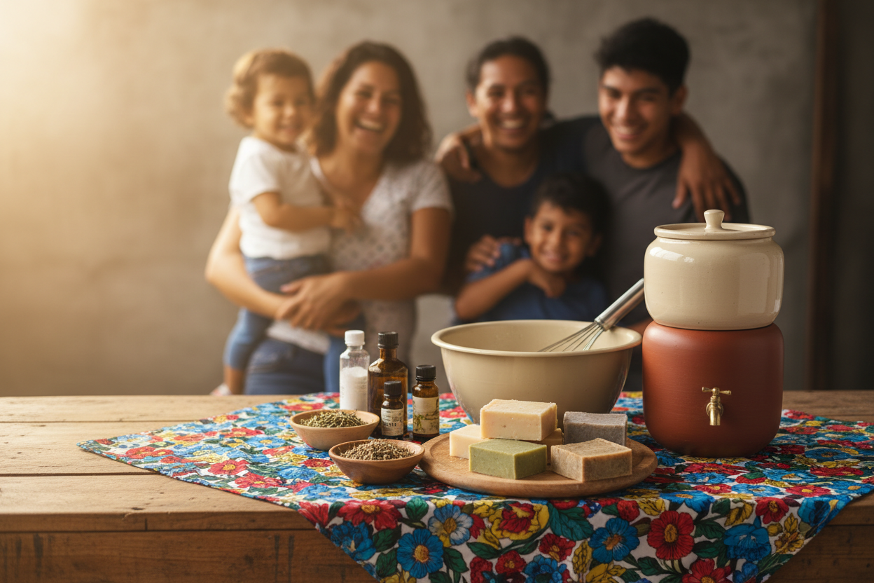Cinematic wide banner for a non-profit. On a table with a traditional flower-patterned tablecloth: a handmade soap kit and a ceramic pot water filter system with a white container and small tap. In the background, a smiling family with distinct Colombian-Venezuelan border features (Norte de Santander region). Warm, hopeful atmosphere, community setting. Soft natural sunlight, 8k resolution, photorealistic, professional photography, high contrast, no text.